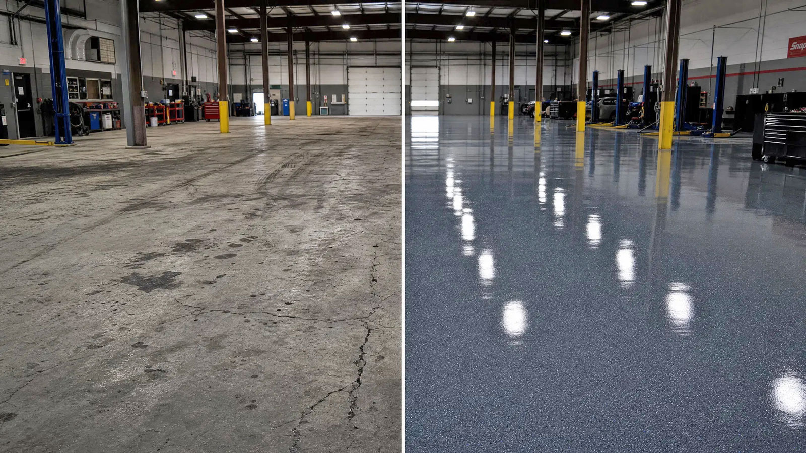 Commercial floor coating before and after — auto shop in Towson MD